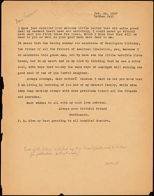 Nicola Sacco typed letter (copy) to Elizabeth Glendower Evans, Dedham, 22 February 1927