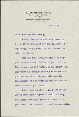 Appleton, William Worthen, 1845-1924 typed letter signed to Hugo Münsterberg, New York, 03 June 1913