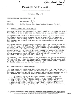 President Ford Committee Weekly Report #18, November 10, 1975