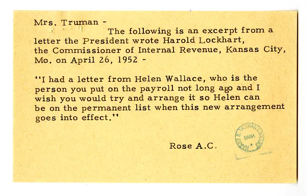 Letter from Helen Wallace to Bess W. Truman with Attached Note from Rose Conway