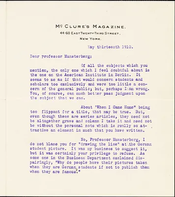Cather, Willa Sibert, 1873-1947 typed letter signed to Hugo Münsterberg, New York, 13 May 1910