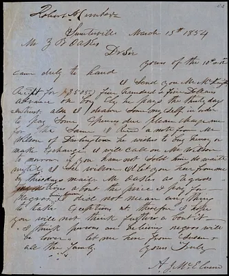 A. J. McElveen, Sumterville, S.C., autograph letter signed to Ziba B. Oakes, 13 March 1854