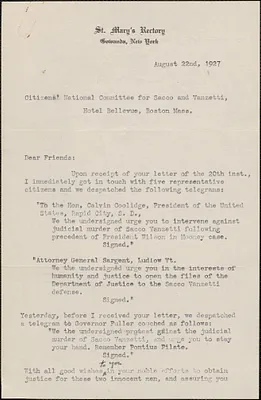 Leslie F. Chard (St. Mary's Rectory) typed letter signed to Citizens National Committee for Sacco and Vanzetti, Gowanda, N. Y., August 22, 1927
