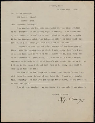 Roger N. Baldwin typed letter signed to Felice Guadagni, Boston Mass., October 12, 1924