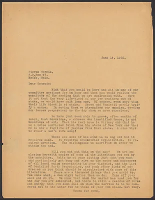 Sacco-Vanzetti Case Records, 1920-1928. Correspondence. Sacco-Vanzetti Defense Committee Correspondence to Steven Hornik, June 14, 1922. Box 41, Folder 17, Harvard Law School Library, Historical & Special Collections