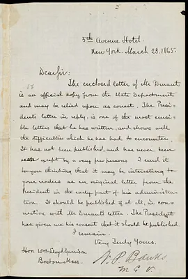 Letter from Nathaniel Prentiss Banks, 5th Avenue Hotel, New York, to William Lloyd Garrison, March 23, 1865