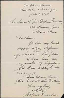 M. Levi autograph note signed to Sacco-Vanzetti Defense Committee, Ann Arbor, Mich., July 9, 1927
