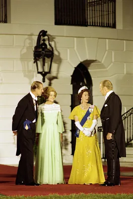 President Gerald R. Ford and First Lady Betty Ford Standing With Queen Elizabeth II and Prince Philip of Great Britain on the South Portico of the White House Prior to a State Dinner Honoring Her Majesty and Prince Philip