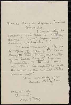 Sarah N. Cleghorn autograph note signed to Sacco-Vanzetti Defense Committee, Manchester Vt., August 8, 1927