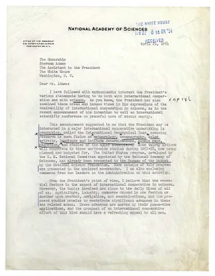 Letter, Detlev Bronk, President of the National Academy of Sciences, to Sherman Adams Proposing the International Geophysical Year, with Attached Memorandum