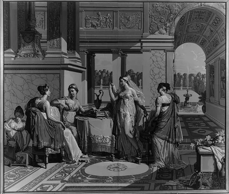 Framed wallpaper panel; Psyche and her sisters