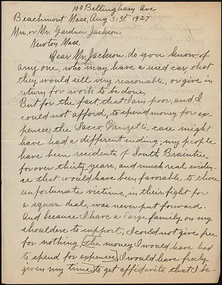 Josephine S. Romano autograph letter signed to Gardner Jackson, Beachmont, Mass., August 31, 1927