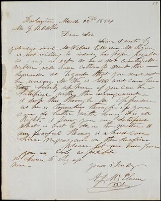 A. J. McElveen, Darlington, S.C., autograph letter signed to Ziba B. Oakes, 22 March 1854