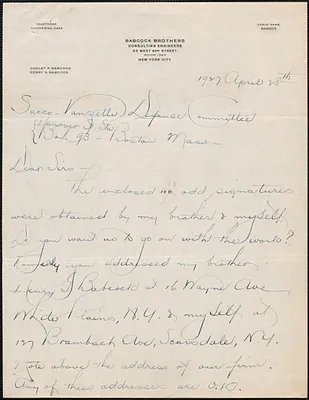 Dudley Paul Babcock autograph letter signed to Sacco-Vanzetti Defense Committee, New York, N.Y., April 28, 1927