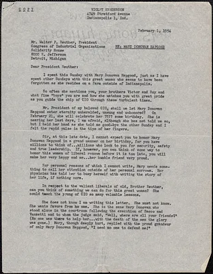 Violet Henderson typed letter (copy) Walter P. Reuther (Congress of Industrial Organizations), Indianapolis, Ind., February 1, 1954