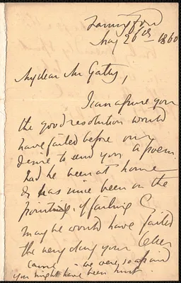 Emily Tennyson autograph letter signed to Mr. Gatty, Farringford, [Isle of Wight], 26 May 1860