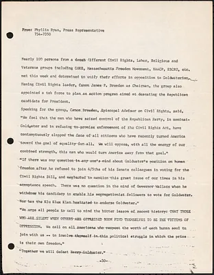Statement written by Press Representative Phyllis Ryan about dozens of different civil rights, labor, religious, and veterans groups unifying their efforts in opposition to Barry Goldwater