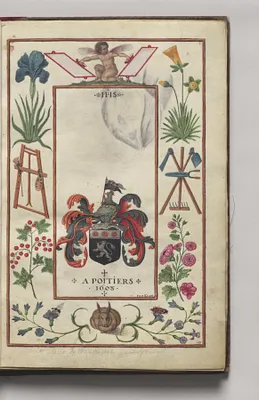Title Page with Coat of Arms, border of gardening tools, Iris, and Narcissus, folio 1 (recto), from Florilegium (A Book of Flower Studies)