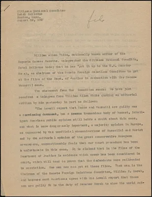 Citizens National Committee for Sacco and Vanzetti press release (copy), Boston, Mass., August 19, 1927
