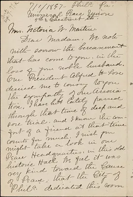 Amanda Deyo autograph letter signed to Victoria Woodhull Martin, Philadelphia, July 1, 1897