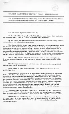 Press Release, Speech of Former President Harry S. Truman, Reno, Nevada