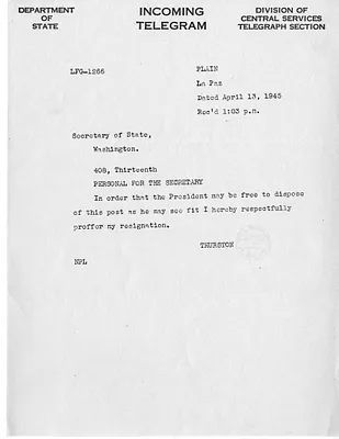 Telegram from Walter C. Thurston to Secrertary of State Edward Stettinius