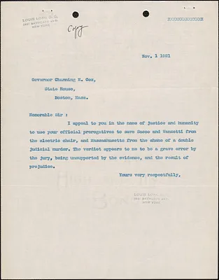 Louis Long typed note (copy) to Channing H. Cox, New York, N. Y., November 1, 1921