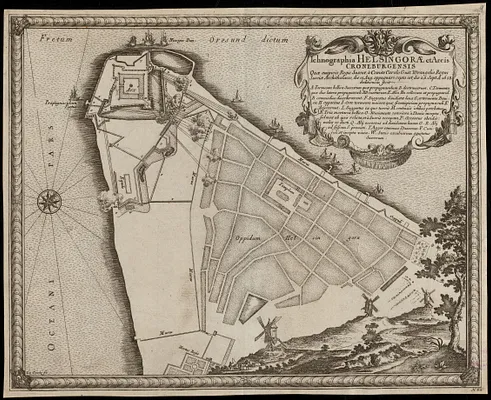 Ichnographia Helsingorae et Arcis Croneburgensis quae auspicio Regis Sueciæ, à Comite Carolo Gust. Wrangelio Regni Sueciæ Archithalasso, die 15. Aug. oppugnari cepta est, die a 6. Sept. A. 1658 deditionem fecit