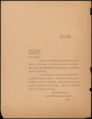 Sacco-Vanzetti Defense Committee typed letter (copy) to Morris Sloberg, Boston, Mass., June 21, 1927