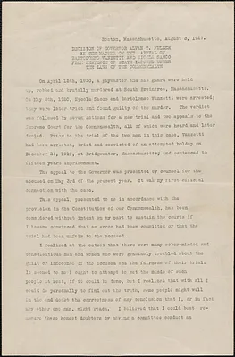 Alvan T. Fuller typed document (copy), Boston, Mass., August 3, 1927: Decision of Governor Alvan T. Fuller in the matter of the appeal of Bartolomeo Vanzetti and Nicola Sacco from sentence of death imposed under the laws of the Commonwealth.