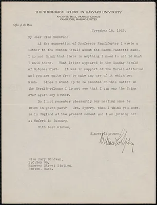 Willard Learoyd Sperry typed letter signed to Mary Donovan, Cambridge, Mass., November 18, 1926