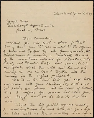Bessie Kimmelman (Sacco-Vanzetti Defense Committee, Cleveland) autograph letter signed to Joseph Moro (Sacco-Vanzetti Defense Committee), Cleveland, Ohio, June 9, 1927