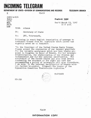 Telegram from Lincoln MacVeagh to Secretary of State George C. Marshall