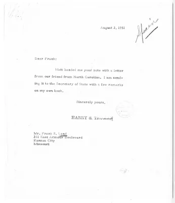 Correspondence Between President Harry S. Truman and Frank Land, with Attachment and Related Material