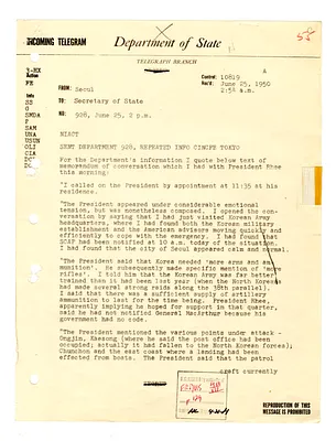 Telegram from John Muccio to Secretary of State Dean Acheson