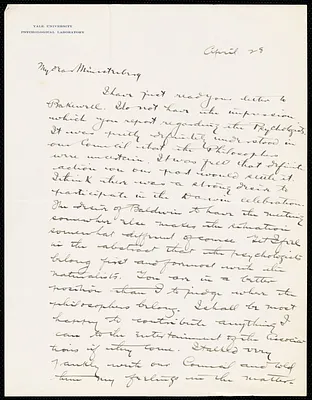 Judd, Charles Hubbard, 1873-1946 autograph letter signed to Hugo Münsterberg, New Haven, Conn., 28 April