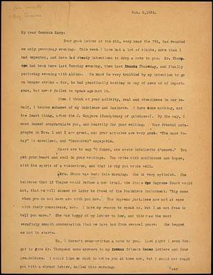 Bartolomeo Vanzetti typed letter (copy) to Mary Donovan, [Charlestown], 9 October 1926