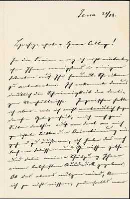 Eucken, Rudolf, 1846-1926 autograph letter signed to Hugo Münsterberg, Jena, 21 December [1899?]