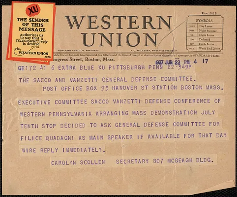 Carolyn Scollen (Sacco Vanzetti Defense Conference of Western Pennsylvania) telegram to Sacco-Vanzetti Defense Committee, Pittsburgh, Pa., June 22, 1927