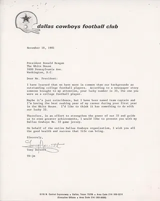 Letters between President Ronald Reagan and Dallas Cowboys football player Tony Dorsett regarding Dorsett's gift of a game worn jersey, 12/07/1981
