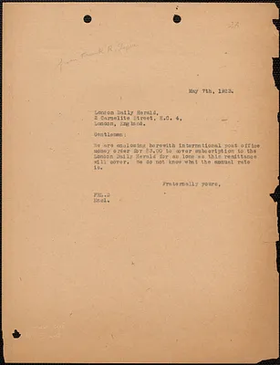 Frank R. Lopez typed letter (copy) to London Daily Herald, Boston, Mass., May 7, 1923