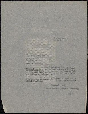 Sacco-Vanzetti Defense Committee typed note (copy) to Lloyd Goodrich (The Arts), Boston, Mass., May 3, 1927