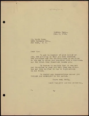 Sacco-Vanzetti Defense Committee typed letter (copy) to Louis Long, Boston, Mass., December 5, 1924