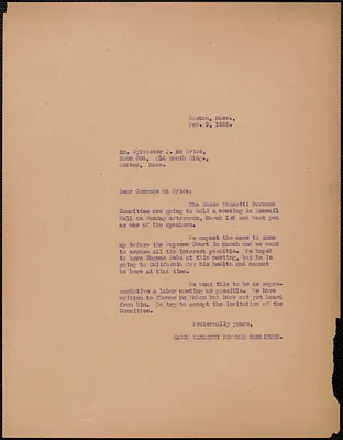 Sacco-Vanzetti Defense Committee typed letter (copy) to Sylvester J. McBride, Boston, Mass., February 9, 1925