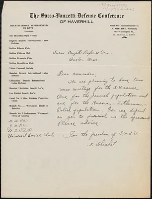 N. Shechet (Sacco-Vanzetti Defense Conference of Haverhill) autograph note signed to Sacco-Vanzetti Defense Committee, Haverhill, Mass., [June 3?, 1927]