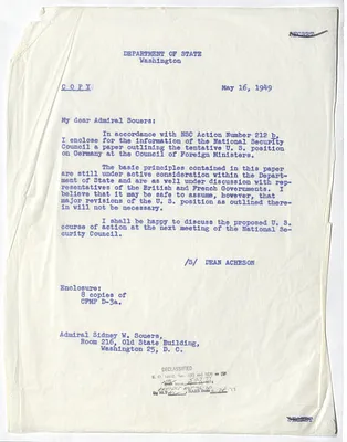 Letter from Secretary of State Dean Acheson to Sidney Souers