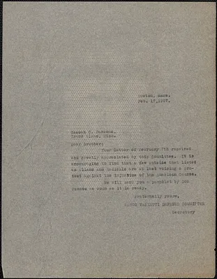 Sacco-Vanzetti Defense Committee typed letter (copy) to Cassen Eugene Parsons, Boston, Mass, February 17, 1927
