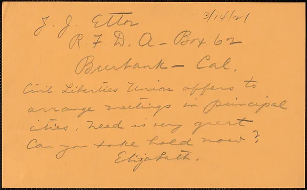 [Elizabeth Gurley Flynn] autograph telegram (draft) to J[oseph] J. Ettor, [New York, N. Y.], March 14, 1921
