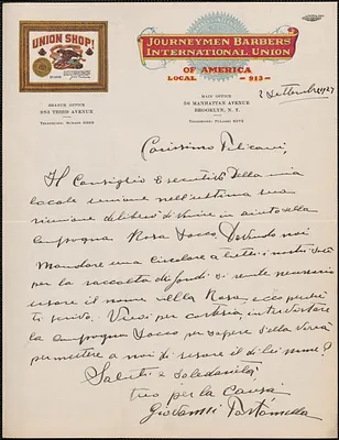 Giovanni Fortamella (Journeymen Barbers' International Union of America, Local 913) autograph letter signed, in Italian, to [Aldino] Felicani, Brooklyn, N. Y., September 2, 1927
