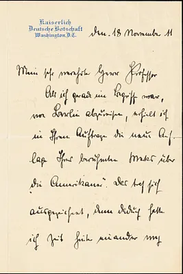 Bernstorff, Johann Heinrich, Graf von, 1862-1939 autograph letter signed to Hugo Münsterberg, Washington, etc., 18 November 1911